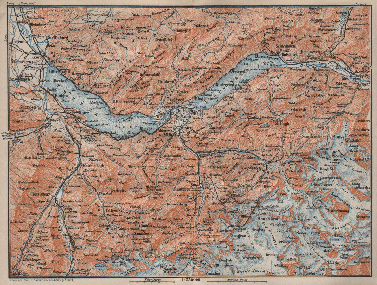 BERNESE OBERLAND. Wengen Mürren Grundelwald Reutigen Interlaken Eiger 1913 map